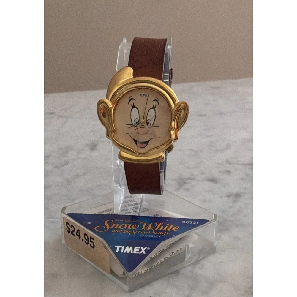 Timex Disney Dopey Watch 35mm Gold Tone Brown Leather New In Original Box